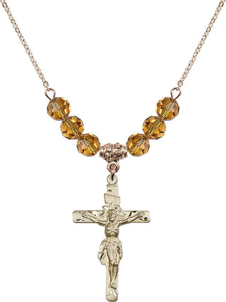 18" Hamilton Gold Plated Necklace with 4mm Topaz Crystal Beads featuring a 14kt Gold Filled Crucifix Medal.