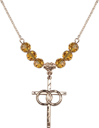 18" Hamilton Gold Plated Necklace with 4mm Topaz Crystal Beads featuring a 14kt Gold Filled Wedding Rings Cross Medal.
