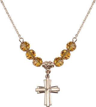 18" Hamilton Gold Plated Necklace with 4mm Topaz Crystal Beads featuring a 14kt Gold Filled Cross Medal.