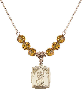 18" Hamilton Gold Plated Necklace with 4mm Topaz Crystal Beads featuring a 14kt Gold Filled Saint Christopher Medal. Engraved Catholic Saint Jewelry