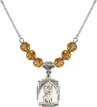 18" Rhodium Plated Necklace with 4mm Topaz Crystal Beads featuring a Sterling Silver Saint Christopher Medal. Engraved Catholic Saint Jewelry