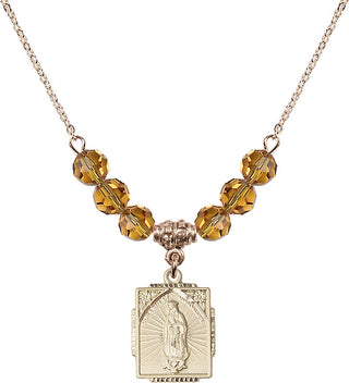 18" Hamilton Gold Plated Necklace with 4mm Topaz Crystal Beads featuring a 14kt Gold Filled Our Lady of Guadalupe Medal. Engraved Catholic Saint Jewelry