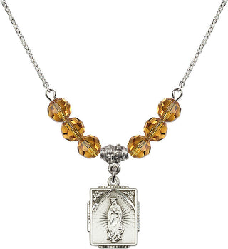 18" Rhodium Plated Necklace with 4mm Topaz Crystal Beads featuring a Sterling Silver Our Lady of Guadalupe Medal. Engraved Catholic Saint Jewelry