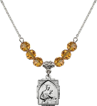 18" Rhodium Plated Necklace with 4mm Topaz Crystal Beads featuring a Sterling Silver Saint Gerard Medal. Engraved Catholic Saint Jewelry