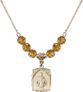 18" Hamilton Gold Plated Necklace with 4mm Topaz Crystal Beads featuring a 14kt Gold Filled Infant of Prague Medal. Engraved Catholic Saint Jewelry