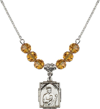 18" Rhodium Plated Necklace with 4mm Topaz Crystal Beads featuring a Sterling Silver Saint Jude Medal. Engraved Catholic Saint Jewelry