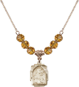 18" Hamilton Gold Plated Necklace with 4mm Topaz Crystal Beads featuring a 14kt Gold Filled Saint Joseph Medal. Engraved Catholic Saint Jewelry