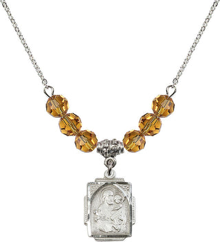 18" Rhodium Plated Necklace with 4mm Topaz Crystal Beads featuring a Sterling Silver Saint Joseph Medal. Engraved Catholic Saint Jewelry