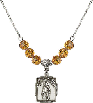 18" Rhodium Plated Necklace with 4mm Topaz Crystal Beads featuring a Sterling Silver Saint Peregrine Medal. Engraved Catholic Saint Jewelry