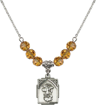 18" Rhodium Plated Necklace with 4mm Topaz Crystal Beads featuring a Sterling Silver Saint Michael the Archangel Medal. Engraved Catholic Saint Jewelry