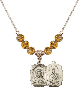 18" Hamilton Gold Plated Necklace with 4mm Topaz Crystal Beads featuring a 14kt Gold Filled Scapular Medal.