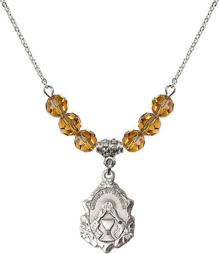 18" Rhodium Plated Necklace with 4mm Topaz Crystal Beads featuring a Sterling Silver Mother of a Priest Medal. Engraved Catholic Saint Jewelry