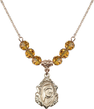 18" Hamilton Gold Plated Necklace with 4mm Topaz Crystal Beads featuring a 14kt Gold Filled Saint Teresa of Calcutta Medal.