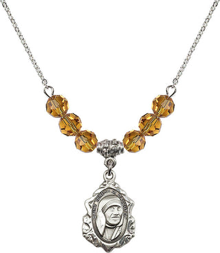 18" Rhodium Plated Necklace with 4mm Topaz Crystal Beads featuring a Sterling Silver Saint Teresa of Calcutta Medal.