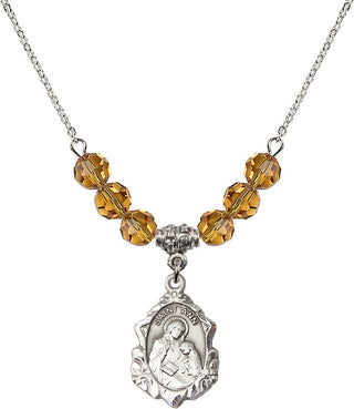 18" Rhodium Plated Necklace with 4mm Topaz Crystal Beads featuring a Sterling Silver Saint Ann Medal. Engraved Catholic Saint Jewelry