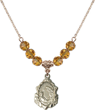 18" Hamilton Gold Plated Necklace with 4mm Topaz Crystal Beads featuring a 14kt Gold Filled Saint Cecilia Medal. Engraved Catholic Saint Jewelry