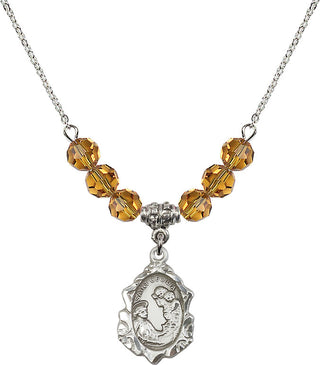18" Rhodium Plated Necklace with 4mm Topaz Crystal Beads featuring a Sterling Silver Saint Cecilia Medal. Engraved Catholic Saint Jewelry