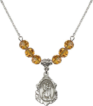 18" Rhodium Plated Necklace with 4mm Topaz Crystal Beads featuring a Sterling Silver Saint Christopher Medal. Engraved Catholic Saint Jewelry