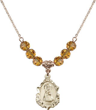 18" Hamilton Gold Plated Necklace with 4mm Topaz Crystal Beads featuring a 14kt Gold Filled Infant of Prague Medal. Engraved Catholic Saint Jewelry