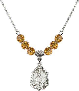 18" Rhodium Plated Necklace with 4mm Topaz Crystal Beads featuring a Sterling Silver Saint Jude Medal. Engraved Catholic Saint Jewelry
