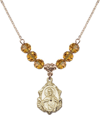 18" Hamilton Gold Plated Necklace with 4mm Topaz Crystal Beads featuring a 14kt Gold Filled Scapular Medal.