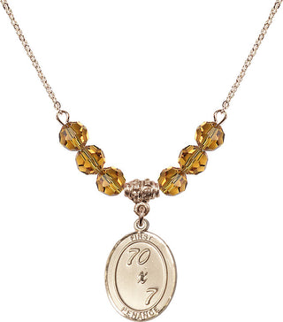 18" Hamilton Gold Plated Necklace with 4mm Topaz Crystal Beads featuring a 14kt Gold Filled First Penance Medal.