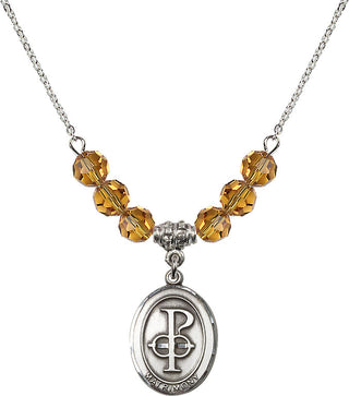 18" Rhodium Plated Necklace with 4mm Topaz Crystal Beads featuring a Sterling Silver Matrimony Medal.
