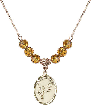 18" Hamilton Gold Plated Necklace with 4mm Topaz Crystal Beads featuring a 14kt Gold Filled Graduation Medal.