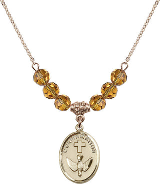 18" Hamilton Gold Plated Necklace with 4mm Topaz Crystal Beads featuring a 14kt Gold Filled Confirmation Medal.