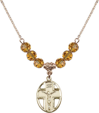 18" Hamilton Gold Plated Necklace with 4mm Topaz Crystal Beads featuring a 14kt Gold Filled Crucifix Medal.