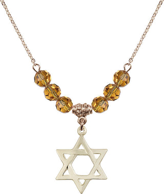 18" Hamilton Gold Plated Necklace with 4mm Topaz Crystal Beads featuring a 14kt Gold Filled Star of David Medal.
