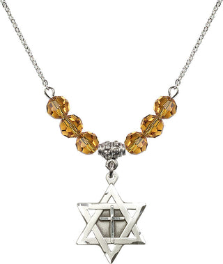 18" Rhodium Plated Necklace with 4mm Topaz Crystal Beads featuring a Sterling Silver Star of David with Cross Medal.