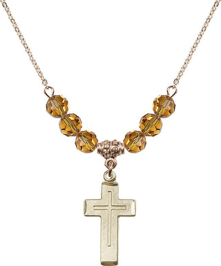 18" Hamilton Gold Plated Necklace with 4mm Topaz Crystal Beads featuring a 14kt Gold Filled Cross Medal.