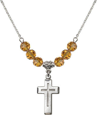 18" Rhodium Plated Necklace with 4mm Topaz Crystal Beads featuring a Sterling Silver Cross Medal.