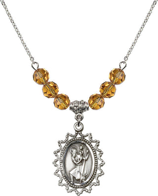 18" Rhodium Plated Necklace with 4mm Topaz Crystal Beads featuring a Sterling Silver Saint Christopher Medal.