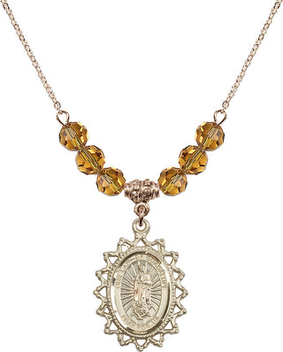 18" Hamilton Gold Plated Necklace with 4mm Topaz Crystal Beads featuring a 14kt Gold Filled Our Lady of Guadalupe Medal.