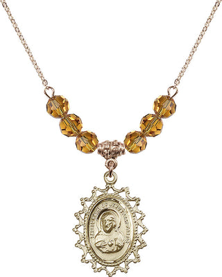 18" Hamilton Gold Plated Necklace with 4mm Topaz Crystal Beads featuring a 14kt Gold Filled Scapular Medal.