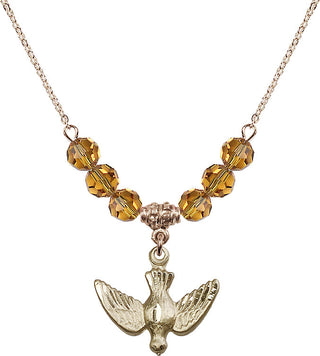 18" Hamilton Gold Plated Necklace with 4mm Topaz Crystal Beads featuring a 14kt Gold Filled Holy Spirit Medal.