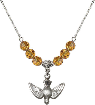 18" Rhodium Plated Necklace with 4mm Topaz Crystal Beads featuring a Sterling Silver Holy Spirit Medal.