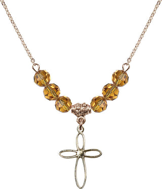 18" Hamilton Gold Plated Necklace with 4mm Topaz Crystal Beads featuring a 14kt Gold Filled Loop Cross Medal.