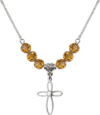 18" Rhodium Plated Necklace with 4mm Topaz Crystal Beads featuring a Sterling Silver Loop Cross Medal.