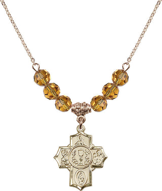18" Hamilton Gold Plated Necklace with 4mm Topaz Crystal Beads featuring a 14kt Gold Filled Communion/5-Way Medal.