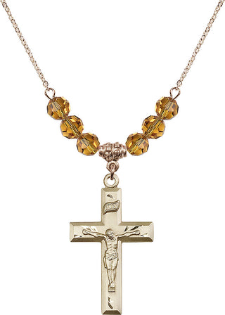 18" Hamilton Gold Plated Necklace with 4mm Topaz Crystal Beads featuring a 14kt Gold Filled Crucifix Medal.