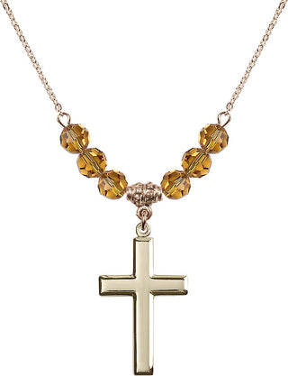 18" Hamilton Gold Plated Necklace with 4mm Topaz Crystal Beads featuring a 14kt Gold Filled Cross Medal.