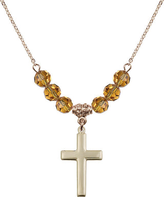 18" Hamilton Gold Plated Necklace with 4mm Topaz Crystal Beads featuring a 14kt Gold Filled Cross Medal.