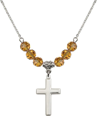 18" Rhodium Plated Necklace with 4mm Topaz Crystal Beads featuring a Sterling Silver Cross Medal.
