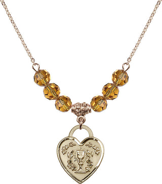 18" Hamilton Gold Plated Necklace with 4mm Topaz Crystal Beads featuring a 14kt Gold Filled Communion Heart Medal. Engraved Catholic Saint Jewelry
