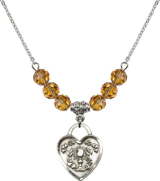 18" Rhodium Plated Necklace with 4mm Topaz Crystal Beads featuring a Sterling Silver Communion Heart Medal. Engraved Catholic Saint Jewelry
