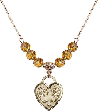 18" Hamilton Gold Plated Necklace with 4mm Topaz Crystal Beads featuring a 14kt Gold Filled Confirmation Heart Medal. Engraved Catholic Saint Jewelry