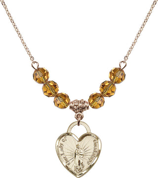 18" Hamilton Gold Plated Necklace with 4mm Topaz Crystal Beads featuring a 14kt Gold Filled Our Lady Guadalupe Heart / Recuerdo Medal.